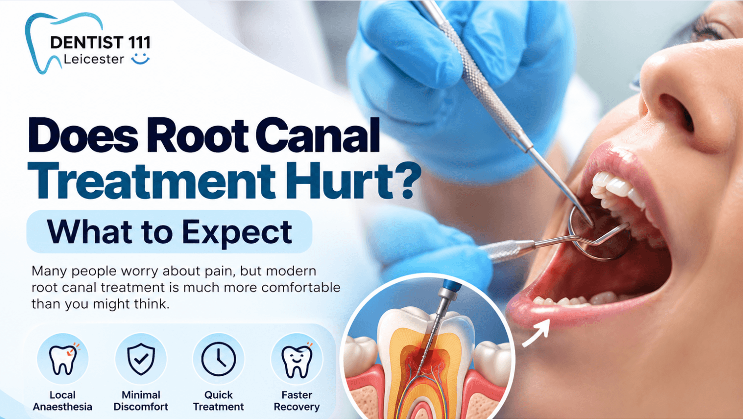 Relaxed patient sitting in a dental chair receiving painless root canal treatment under local anaesthetic.